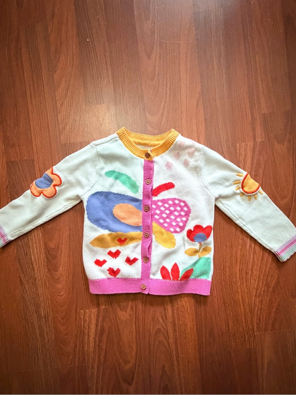Girls' Cream Multicolor Floral Knit Cardigan